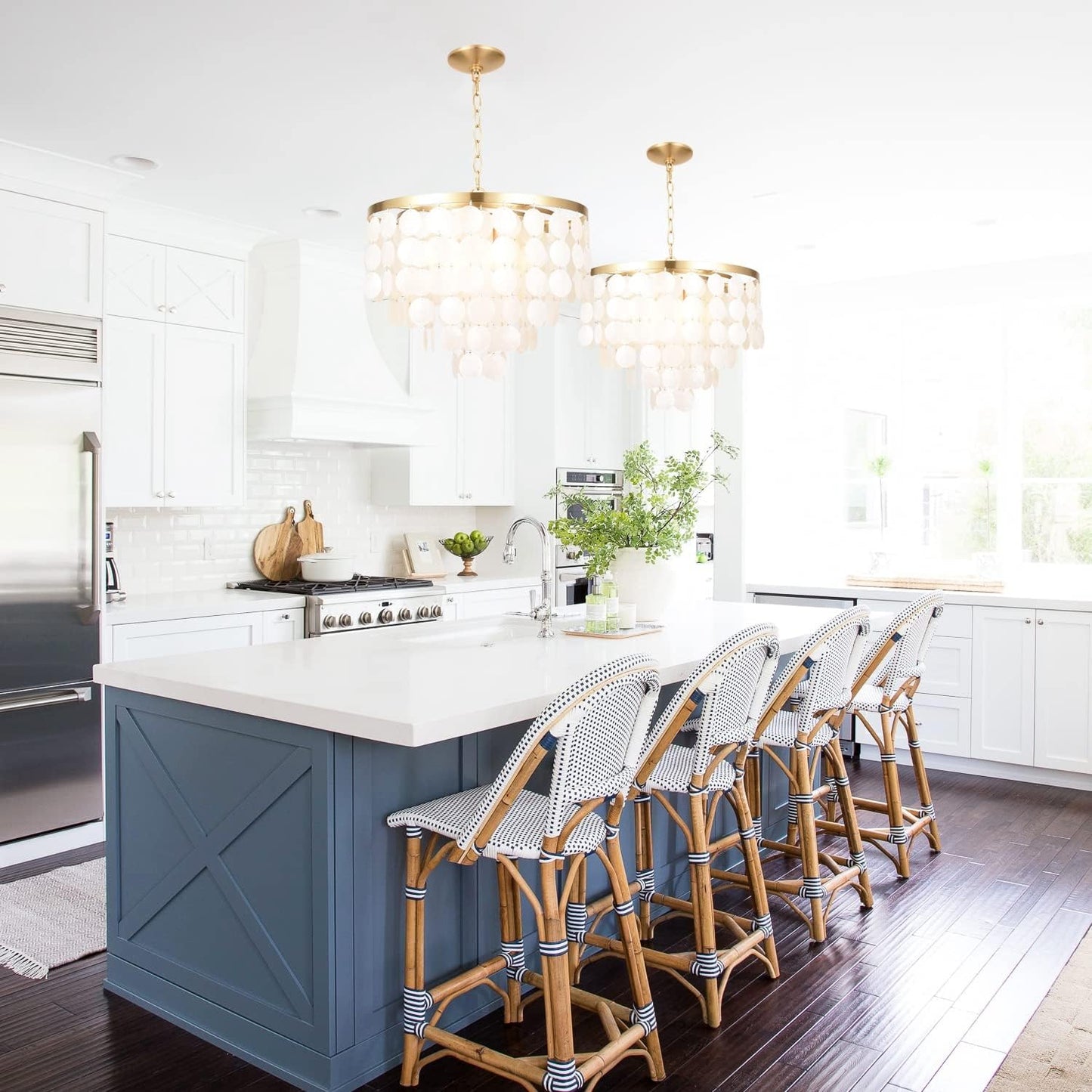 ALICE HOUSE 18.2" White Shell Chandeliers, Brushed Brass Finish, Coastal Kitchen Island Light Fixture, 4 Light Modern Pendant Light for Dining Room, Entryway and Bedroom, ETL Listed, AL2608-P4