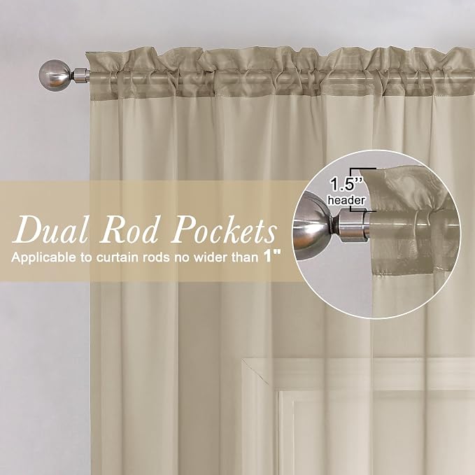 Lecloud Taupe Sheer Curtains 54 Inch Length 2 Panels Set, Balance Light & - Image 2