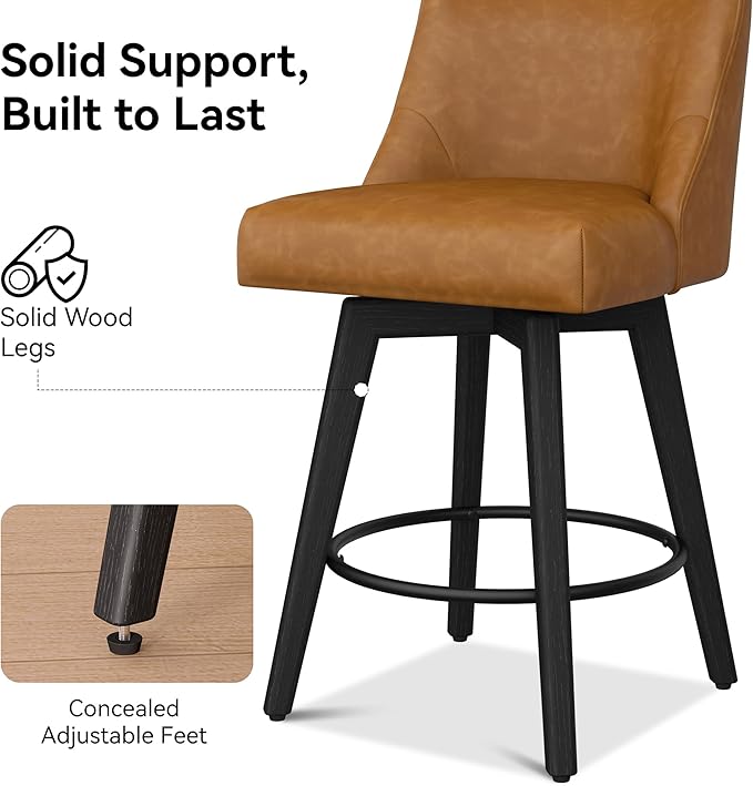 Counter Height Bar Stools Set of 6, Modern Swivel Barstools with Back and Wood Legs, Faux Leather Upholstered Bar Chairs, 26" H Kitchen Counter Stools, Kitchen Island Home Bar, Whisky Brown