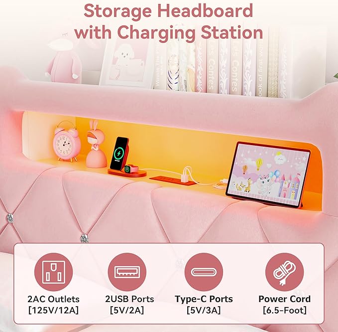 Full Upholstered LED Bed Frame with 2 Storage Drawers and 2-Tier Storage Headboard, Velvet Princess Platform Bed with Charging Station & Bookcase, Corner Bed Frame, Heavy Duty Metal Support, Pink