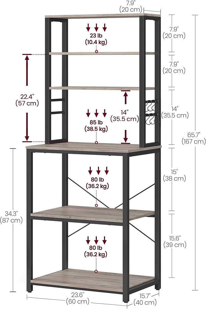 VASAGLE Coffee Bar, Baker’s Rack for Kitchen with Storage, 6-Tier Kitchen Shelves with 6 Hooks, Microwave Stand, Industrial, 15.7 x 23.6 x 65.7 Inches, Greige and Black UKKS024B02