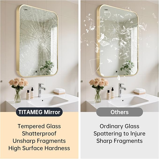 30x40 Inch Bathroom Mirror for Wall,Gold Framed Rectangle Mirror with Rounded Corner,Aluminum Alloy Framed Brushed Wall Mirror for Bedroom or Living Room,Vertical or Horizontal