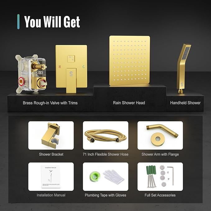SR SUN RISE Shower System - Shower Faucet Set with 8 Inch Rain Shower Head and Handheld Shower - High Pressure Rain Shower System - All Metal Shower Faucet Trim Repair Kits - Brushed Gold