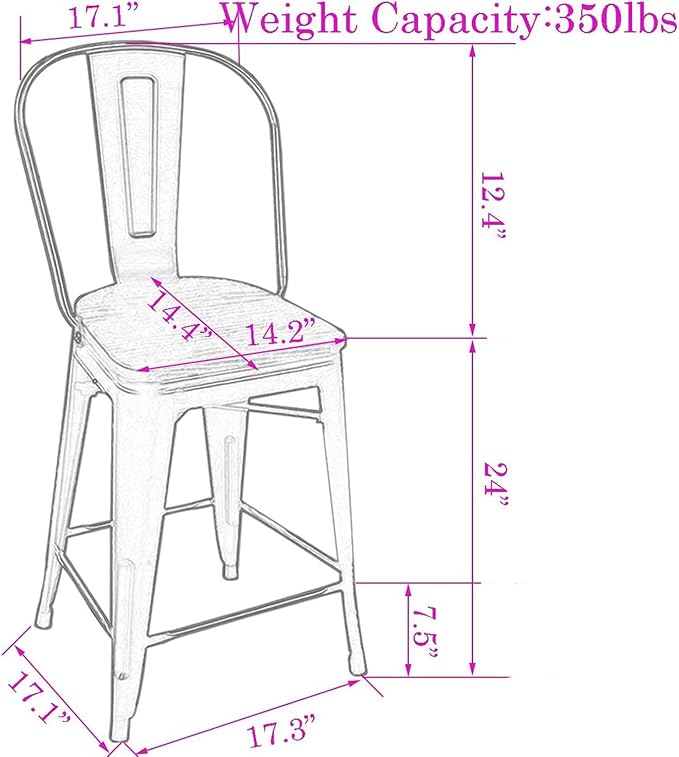 Changjie Furniture 24 Inches Metal Barstools Set of 4 Counter Height Bar Stools Industrial Stools with Backs High Back Chairs for Kitchen Island (24 Inch, Rusty)
