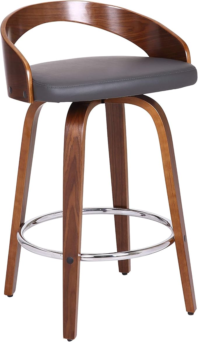 Armen Living Sonia 26" Counter Height Swivel Gray Faux Leather and Walnut Wood Bar Stool