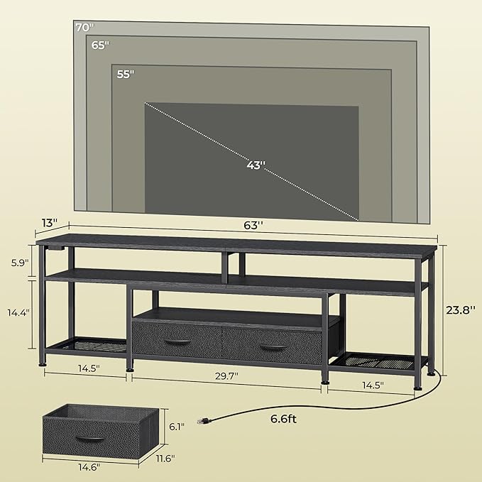 Huuger TV Stand for 65 70 Inch TV, Entertainment Center with Power Outlets and LED Lights, TV Console for Living Room, Media Console with Drawers and Shelves, Black