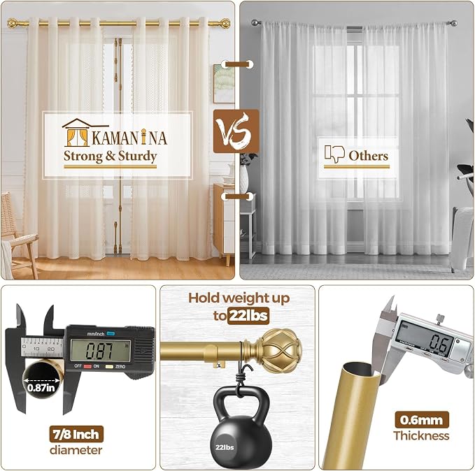 KAMANINA Gold Curtain Rod 32 to 58 Inch, 7/8 Inch Single Adjustable Curtain Rods - Image 6