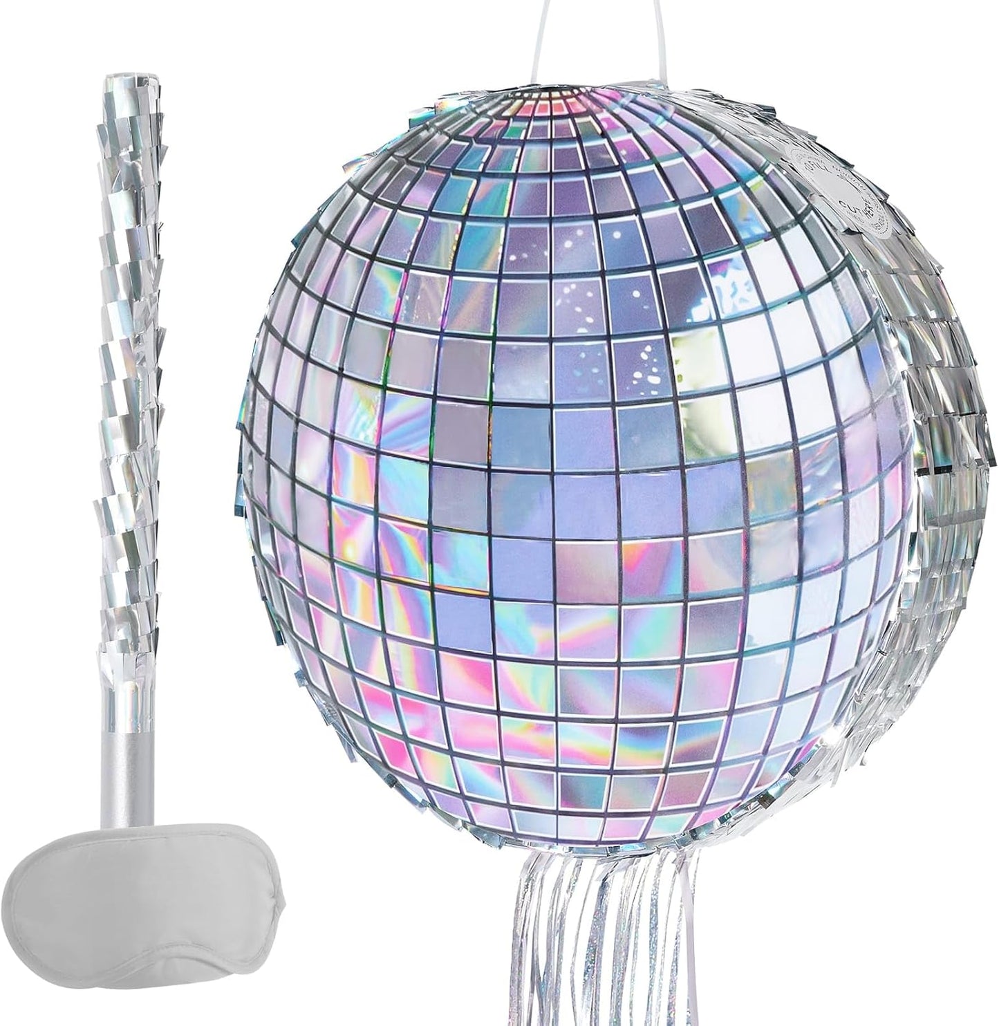 WERNNSAI Disco Ball Piñata - Disco Party Decoration for Adult Birthday Party Supplies Hanging Disco Piñata with Bat Blindfold Mirror Roller Skating Pull String, 12.2” x 12.2”