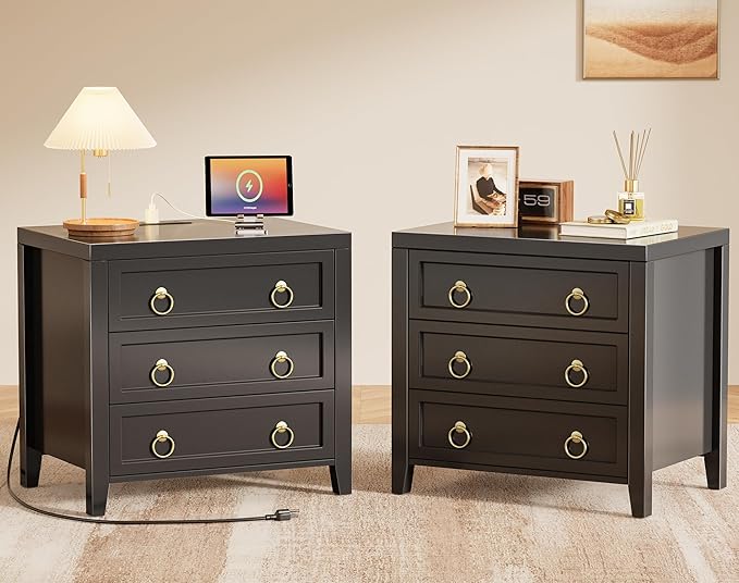 Huuger 23.6 Inch Night Stand with Charger Station and USB-C Port, 3 Drawer Nightstands Set of 2, Larger Wider Bedside Table, Modern End Table, for Bedroom, Black Nightstand