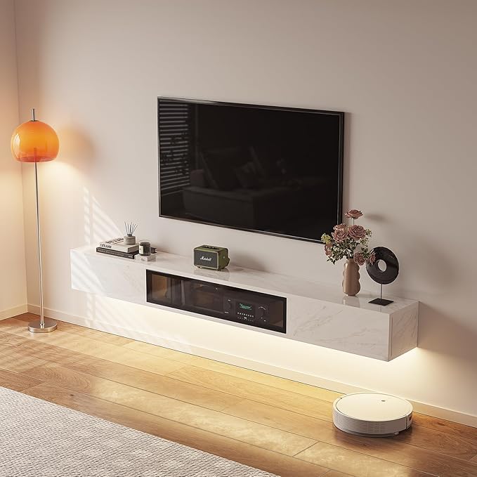 High Gloss Floating TV Stand,94'' Wall Mounted TV Console,Under TV Floating Shelf,Floating TV Cabinet with 3 Doors for Bedroom Living Room,White