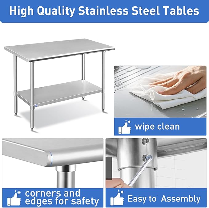 ROCKPOINT Stainless Steel Table for Prep & Work 24x36 Inches, NSF Metal Commercial Kitchen Heavy Duty Table with Adjustable Under Shelf and Table Foot for Restaurant, Home and Hotel