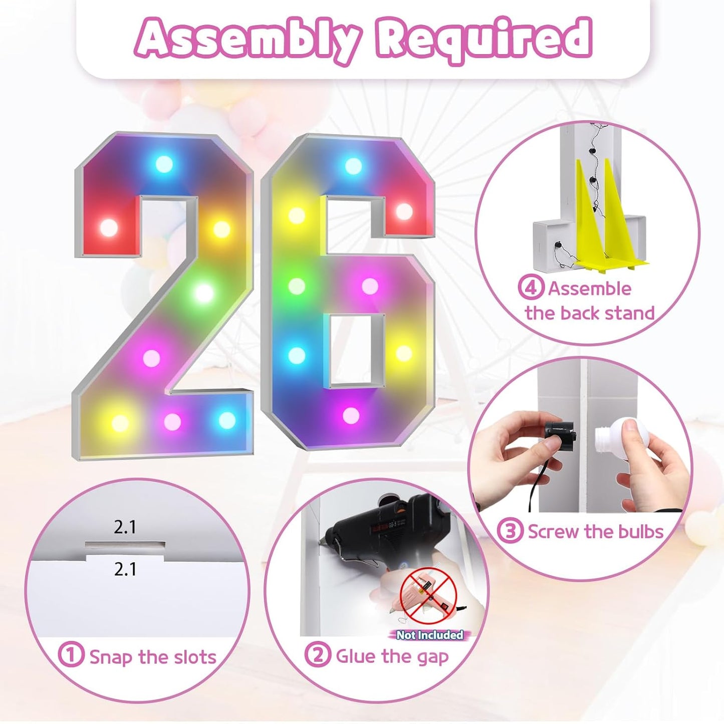 Marquee Numbers 26th-Birthday Decoration: Colorful 3FT Large Light Up 26 Year Old Birthday Decorations Anniversary Backdrop for Boys Girls Cardboard Sign 18 Colors Number 26 Mosaic Balloon Frame