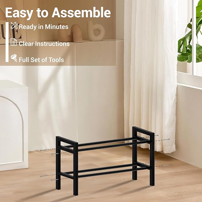 Haddockway Bamboo Shoe Rack for Closet, Free Standing Shoe Organizer with Smooth Round Rods & Convenient Handles, Stackable Shoe Storage Shelf for Entryway, Hallway(Black, 2-Tier(Small))