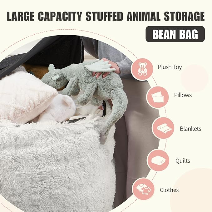 Stuffed Animal Storage Bean Bag (Cover Only), Adult Bean Bag Chair Covers Machine Washable, 5FT White Bean Bag Chair Without Filler Included