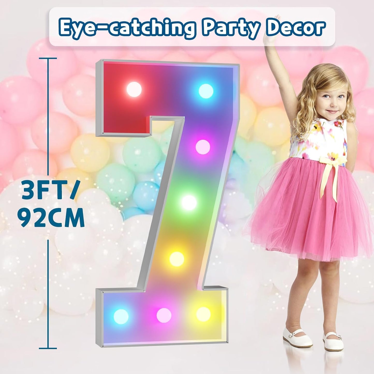 imprsv 3FT Colorful Marquee Numbers,18 Colors Number 7 with Remote, Light Up Numbers Sign for 70th Birthday Decorations Anniversary Party Decor, Pre-Cut Foam Board Kit, Mosaic Sign for Balloon