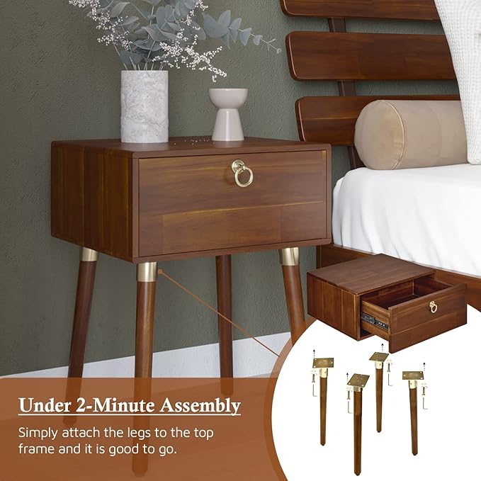 Bme Alden Solid Wood Nightstand/Side Table/End Table, Fully Assembled, with 1-Drawer for Mid Century Bedroom and Living Room, (12mm), Dark Chocolate