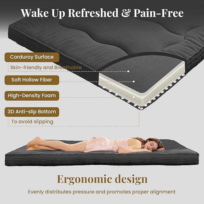 Japanese Floor Mattress, 4" Thicken Futon Mattress Twin Size Sleeping Pad, Corduroy Foldable Floor Pad, Roll Up Tatami Mat for Adults Guest Room Bedroom, Grey