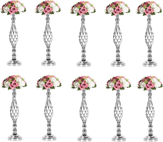 LANLONG 10pcs Metal Silver Candle Holders Road Lead Table Centerpiece Stand Pillar Candlestick for Wedding Candelabra Flowers Vases