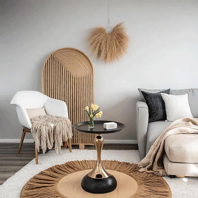 Modern Round Side Table with Gold Pedestal Base, Black Metal Top, Accent End Table for Living Room (Black)