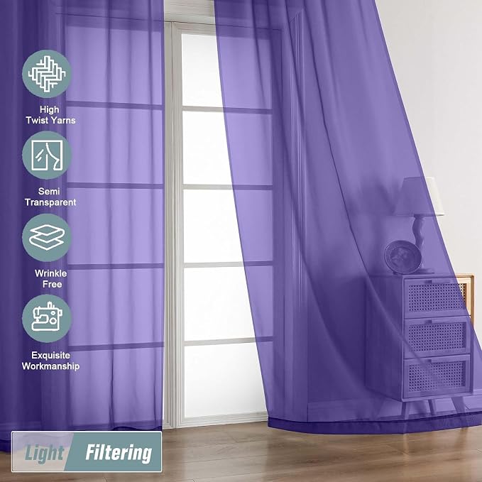 Purple Sheer Curtains 90 Inches Long 2 Panels, Light Filtering Solid Sheer - Image 5