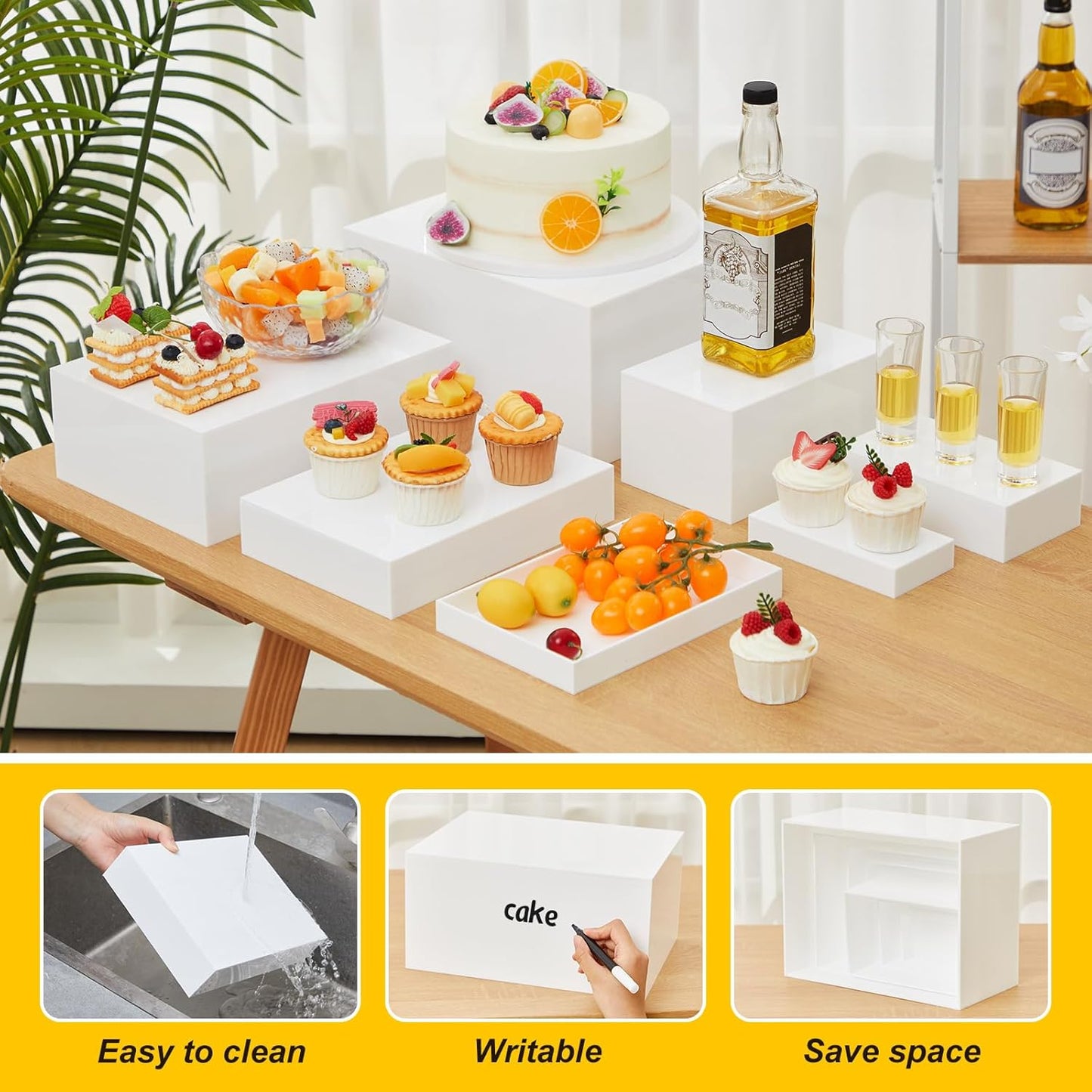 Leinuosen 7 Pcs Large Buffet Risers Set 6" to 12" Acrylic Display Box Catering Dessert Table Riser Food Display Decorative Stand with Hollow Bottom for Catering Supplies(White, Rectangle)