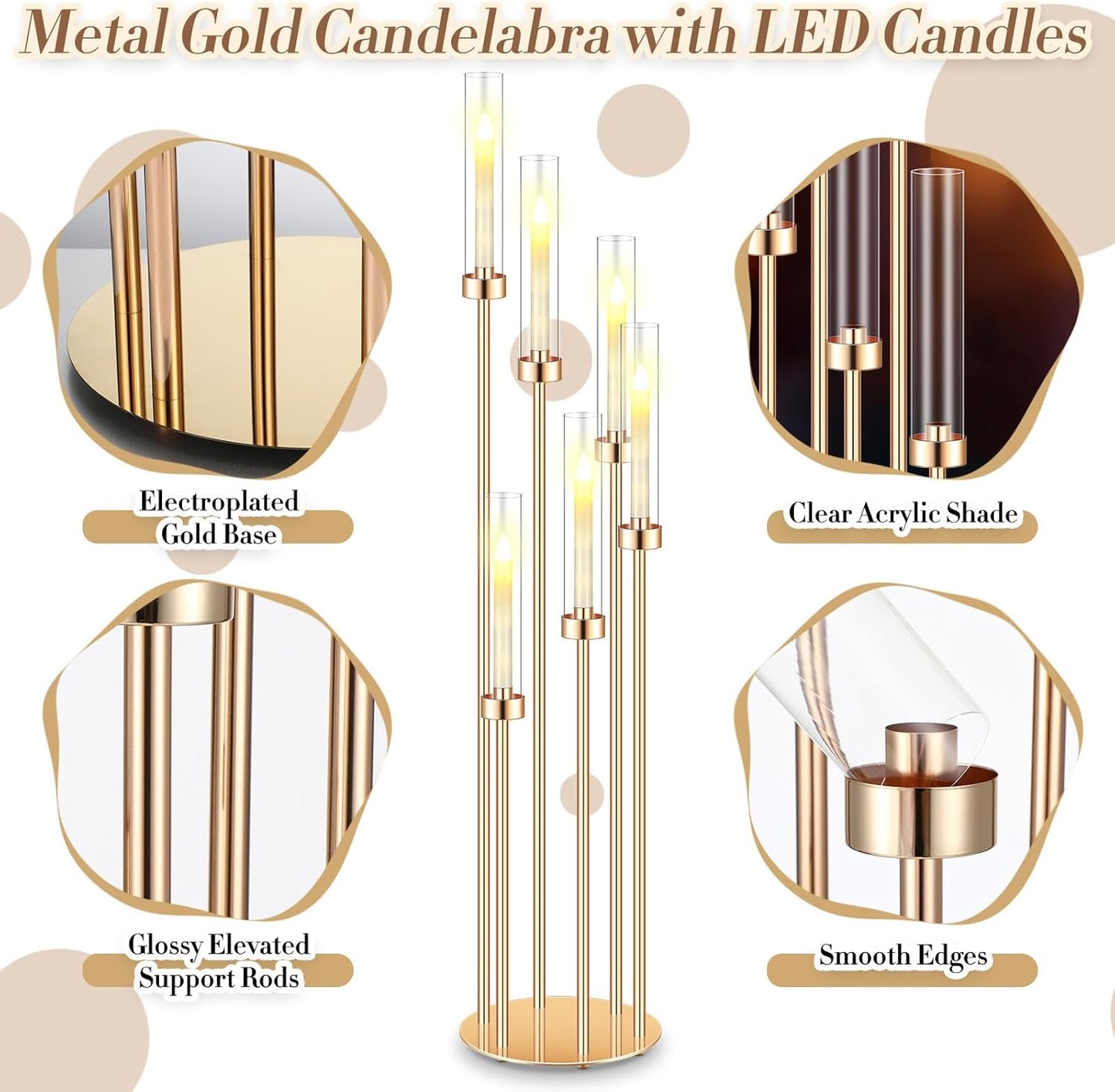 Tandefio 4 Sets Acrylic Candelabra Centerpieces 46.5'' Tall Clear Candle Holders Pillar Taper Candlestick with Lampshades 6 Arm Floor Candelabra Stand for Wedding Christmas Ceremony Dinner Party