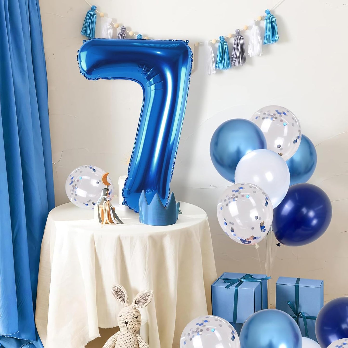 7 Balloon Number Dark Blue, Big Number 7 Mylar Balloon Pastel Navy Blue with Metallic Silver Confetti Balloon for Boys 7th Birthday, Foil 40'' Self Inflating Balloon 7 for Anniversary Party Decoration