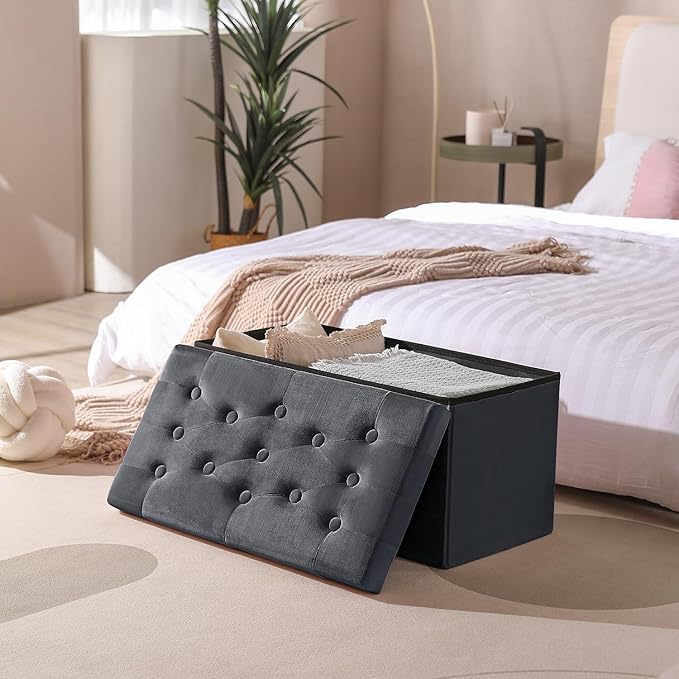 PRANDOM Extra Large Ottoman with Storage [1-Pack] Velvet Folding Small Square Foot Stool with Lid for Living Room Bedroom Coffee Table Dorm Dark Grey 30.5x15x15 inches