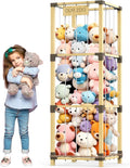 200L Stuffed Animal Zoo Storage, 3-Tier Extra Large Stuffed Animal Holder, Solid Bamboo Plushies Storage Tower with Mesh Pocket and Elastic Cords, Space Saver for Nursery Playroom Bedroom