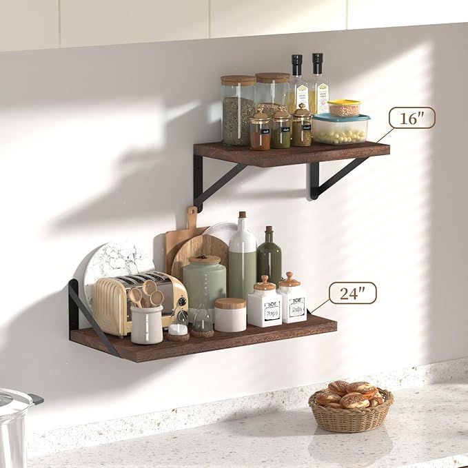 SAUMONIERES Floating Shelves Bookshelf for Bedroom Bathroom Living Room Wood Wall Mounted Wide Deep Storage, Rustic Brown Shelves Set of 2