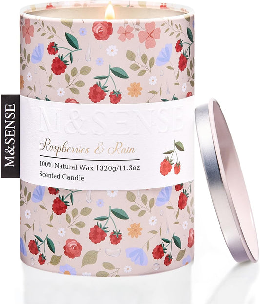 M&SENSE Raspberries Rain Scented Candle, Medium Jar Candle 11.3oz Natural Soy Wax for Home Scented, Floral Candles Gift for Spring Holiday, Up to 70 Hours Burning Long-Lasting Fragrance