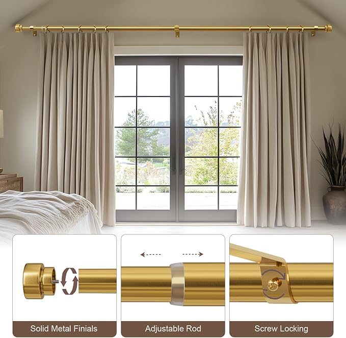 Modern Gold Curtain Rods for Windows 66 to 120 Inches Adjustable Length Heavy Duty 1" Diameter Brass Window Curtain Rod with Solid Metal Finials for Outdoor Farmhouse Bedroom Kitchen Living Room