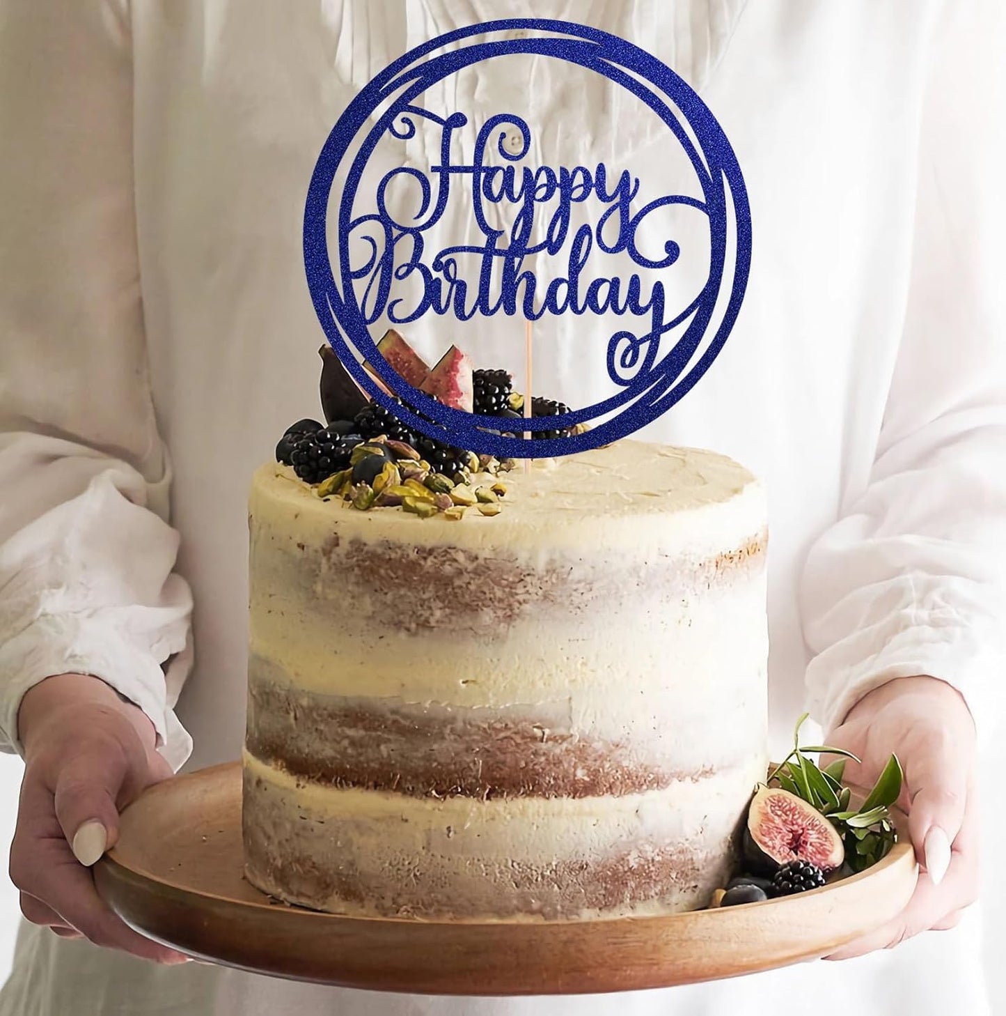 Happy Birthday Cake Topper - Blue Glitter Happy Birthday Cake Decoration Supplies for Children or Adults - Happy Birthday Cake Bunting Decor, Photo Booth Props