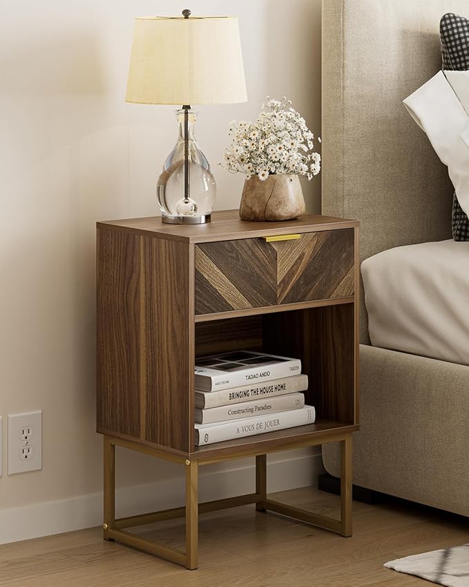 Masupu Nightstand,Modern Night Stand Boho Farmhouse Wood Bedside Table with Storage Drawer Side End Table for Bedroom,Living Room,Office,Walnut Brown