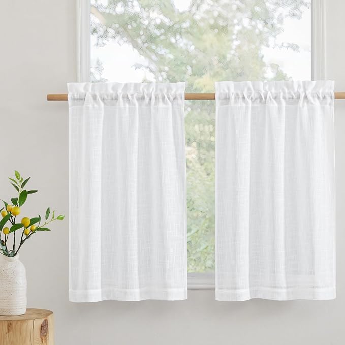 RYB HOME Kitchen Curtains, 30 inches Long Linen Rod Pocket Semi Sheer Cuartins by RYBHOME