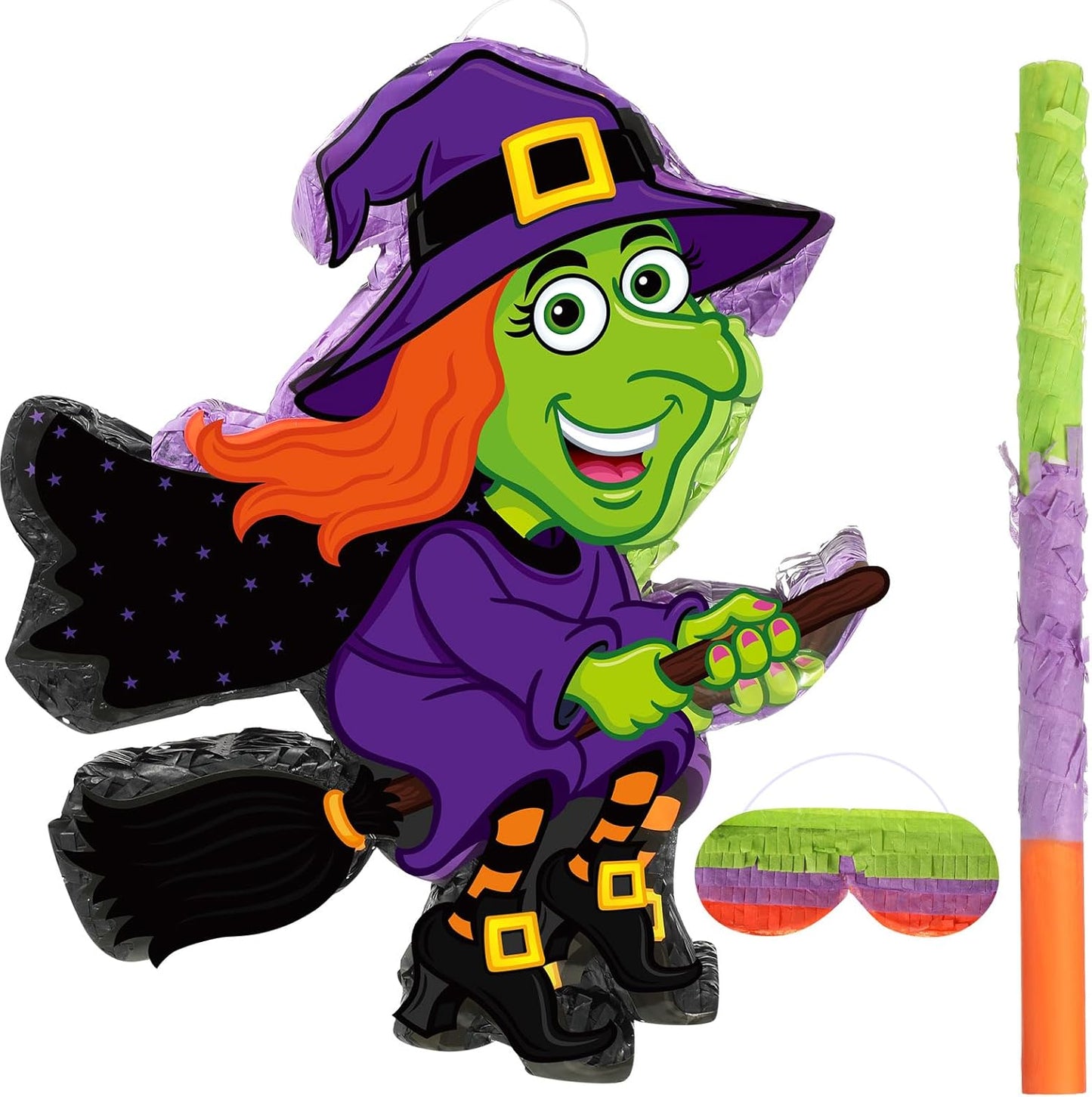 Aoriher Halloween Witch Piñata Halloween Decoration Piñata with Stick Blindfold Candy Filled Piñata for Halloween Mexican Birthday Party Game Supplies