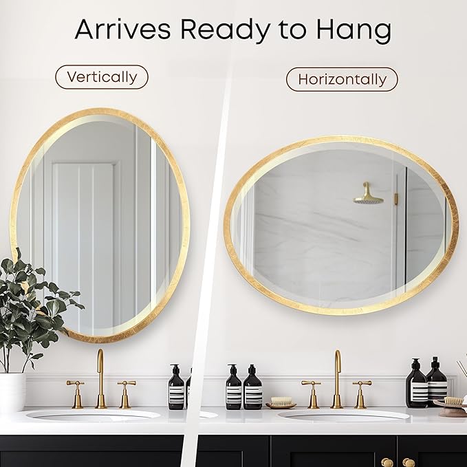 OVALCREST - Oval Wooden Beveled Wall Mirror for Home Decor, Bathroom, Vanity, Bedroom, Living Room, Hallway - London Style (Gold Leaf) 17.1 x 21.1