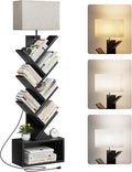 6 Tier Tree Bookshelf with Light, Narrow Bookcase Tower, Tall Floor Standing Book Shelf Organizer with Storage Cabinet for Living Room, Bedroom and Home Office, Black