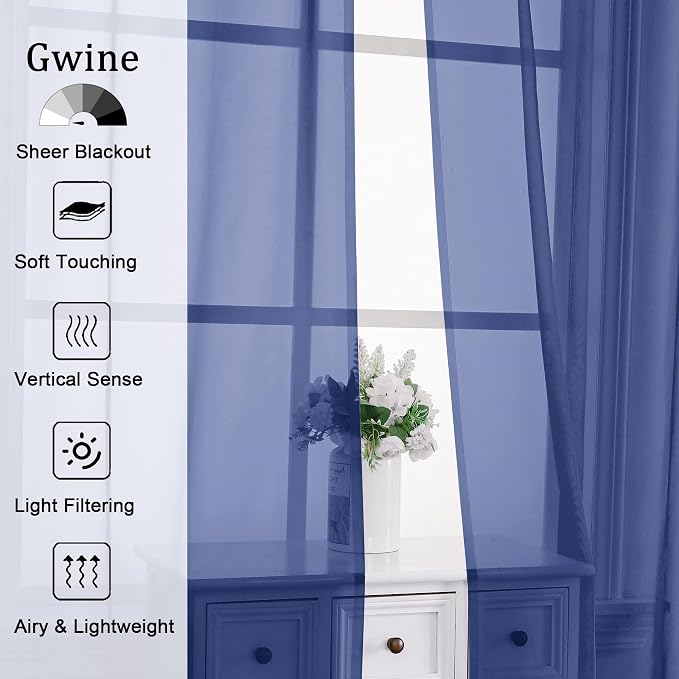 Gwine Royal Blue Sheer Curtains 72 Inches Long 2 Panels Set - Image 2