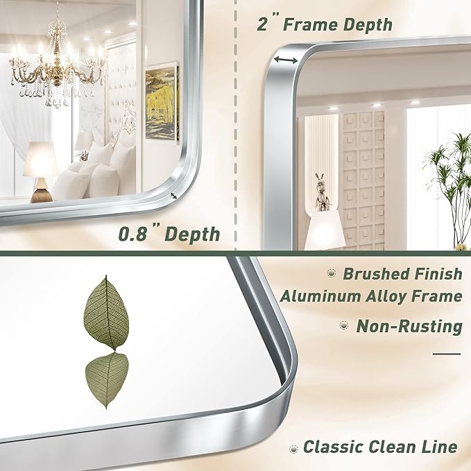 TokeShimi 36 x 36 Inch Wall Mirror Brushed Silver Bathroom Vanity Mirror with Metal Frame Aluminum Alloy Soft Rounded Corner for Modern Farmhouse Wall Decor 1”Deep (Horizontal/Vertical)
