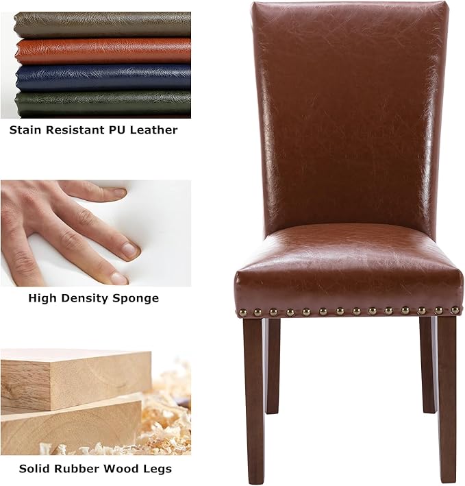 COLAMY Upholstered Parsons Dining Chairs Set of 2, PU Leather Dining Room Kitchen Side Chair with Nailhead Trim and Wood Legs - Light Brown