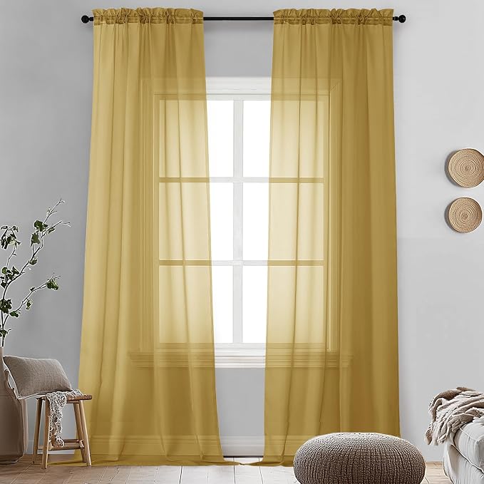 OVZME Gold Sheer Curtains 90 Inches Long 2 Panels by OVZME