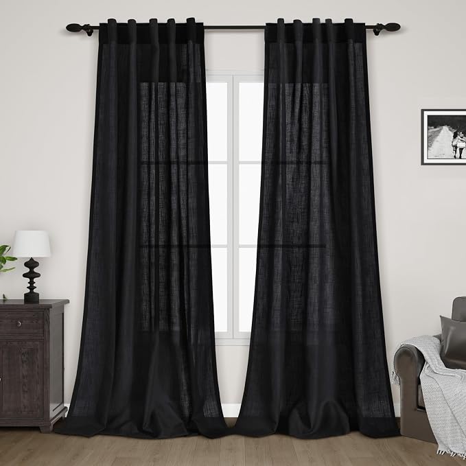 Nanspring Black Boho Curtains for Bedroom Back Tab Rod Pocket Semi Sheer Linen by Nanspring