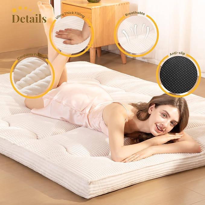 Japanese Floor Mattress, 4" Thicken Futon Mattress Twin Size Sleeping Pad, Corduroy Foldable Floor Pad, Roll Up Tatami Mat for Adults Guest Room Bedroom, Beige