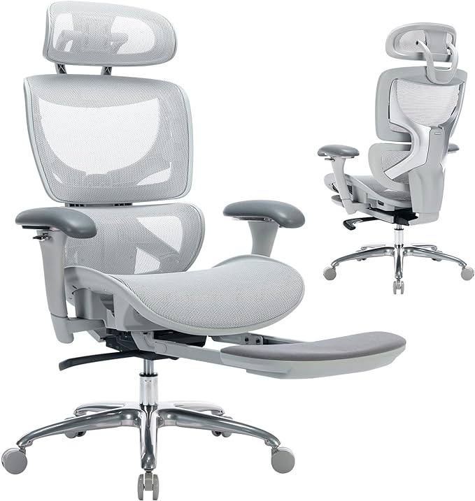 COLAMY Ergonomic Mesh Office Chair with Footrest, Executive High Back Computer Desk Chair with Wide Headrest and Adjustable 3D Arms, Backrest Height, Tilt Lock and Lumbar Support, Grey