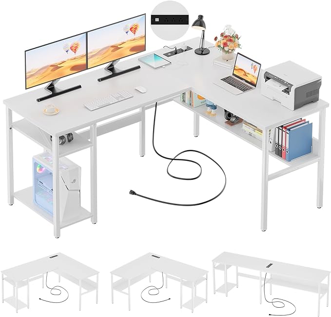 Unikito Reversible L Shaped Computer Desk with Magic Power Outlets and USB Charging Ports, Sturdy Corner Desk with Storage Shelves, Durable Work Desk for Home Office, Easy to Assemble, White