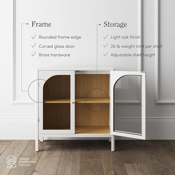 Nathan James Mason Storage Accent Cabinet Sideboard Buffet, Credenza with Glass Doors and Adjustable Shelf for Dining Room, Entryway and Living Room, Clear Glass/White/Light Oak