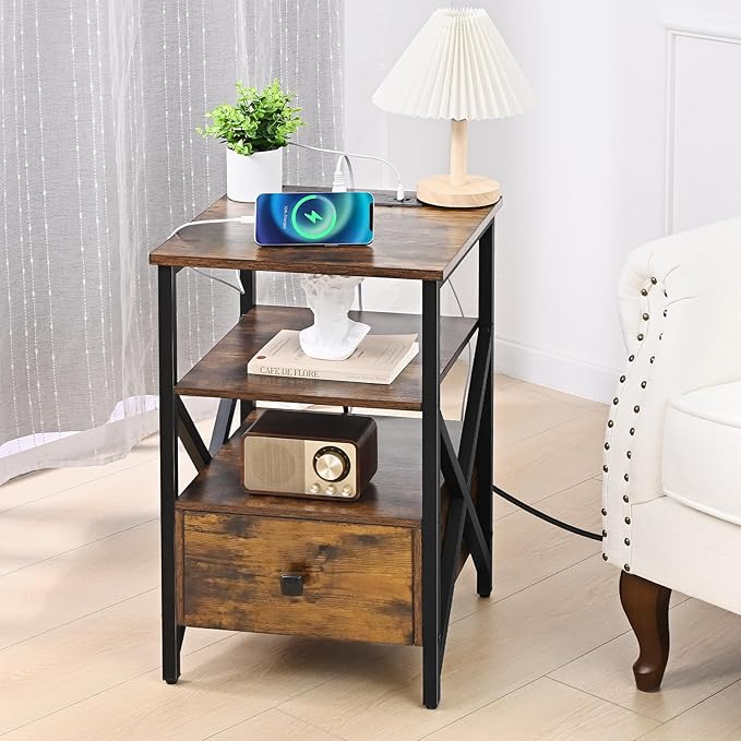 End Table with Charging Station, Charging Side Table Bedside Table with Outlets, Charger Nightstand, End Tables for Living Room, Night Stand with Storage for Bedroom, Brown