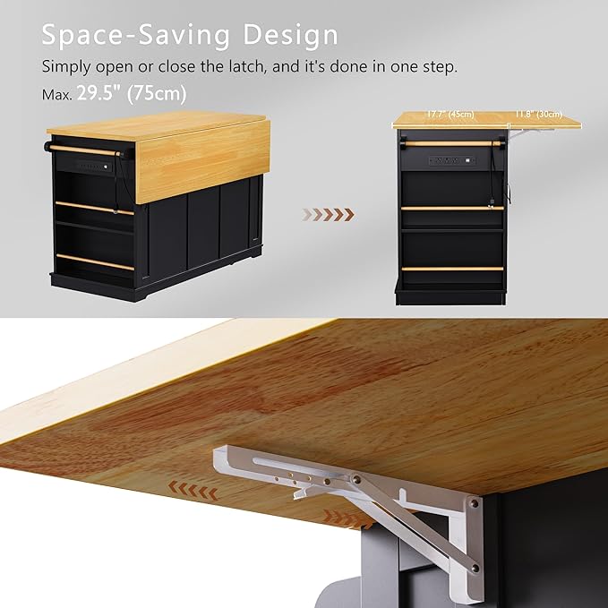 53" Large Kitchen Island with 2 Bar Stools,Power Outlet & Door Internal Storage Rack,Kitchen Storage Cart on 5 Wheels W/Drop Leaf,5 Open Side Racks & 3 Drawers,for Kitchen,Dining Room,Black