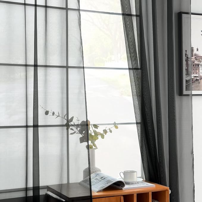youleyar Solid Sheer Rod Pocket Curtain Voile Draperies 2 Panels White Beige - Image 2